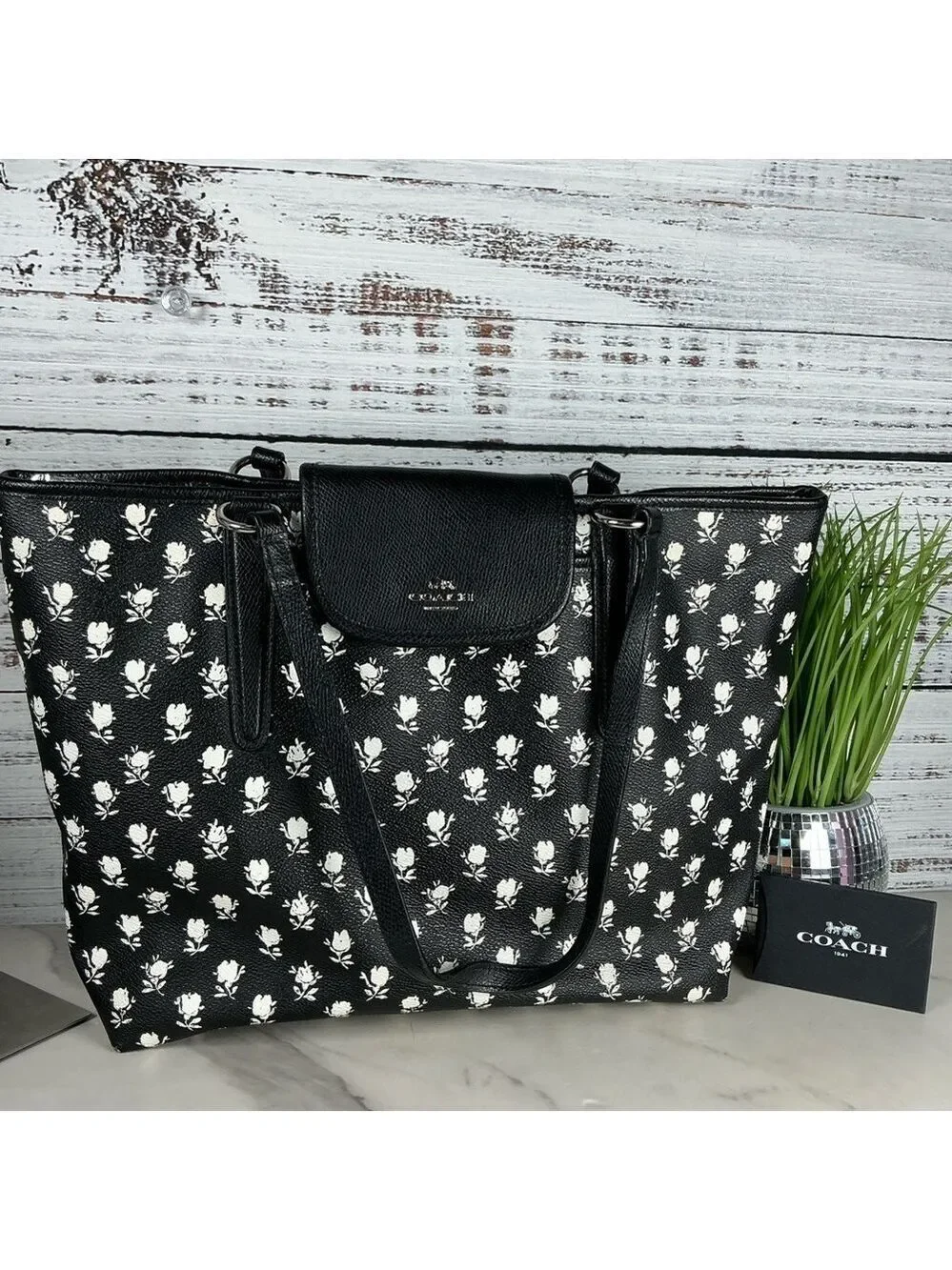 Coach 35025 Shoulder Bag Badlands Black White Floral Ward Tote Work Purse Laptop